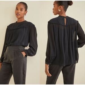 Amour Vert Black Silk Sheer Bibbed Peasant Top Raine Blouse